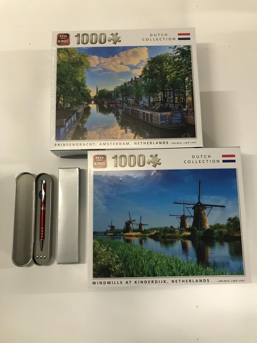 King - Legpuzzels Dutch Collection - Prinsengracht, Amsterdam, Netherlands + Windmills At Kinderdijk, Netherlands (2 x 1000 stuks) | 68 x 49 cm | inclusief unieke en praktische rode, blauw schrijvende laserbalpen in luxe opbergbox.